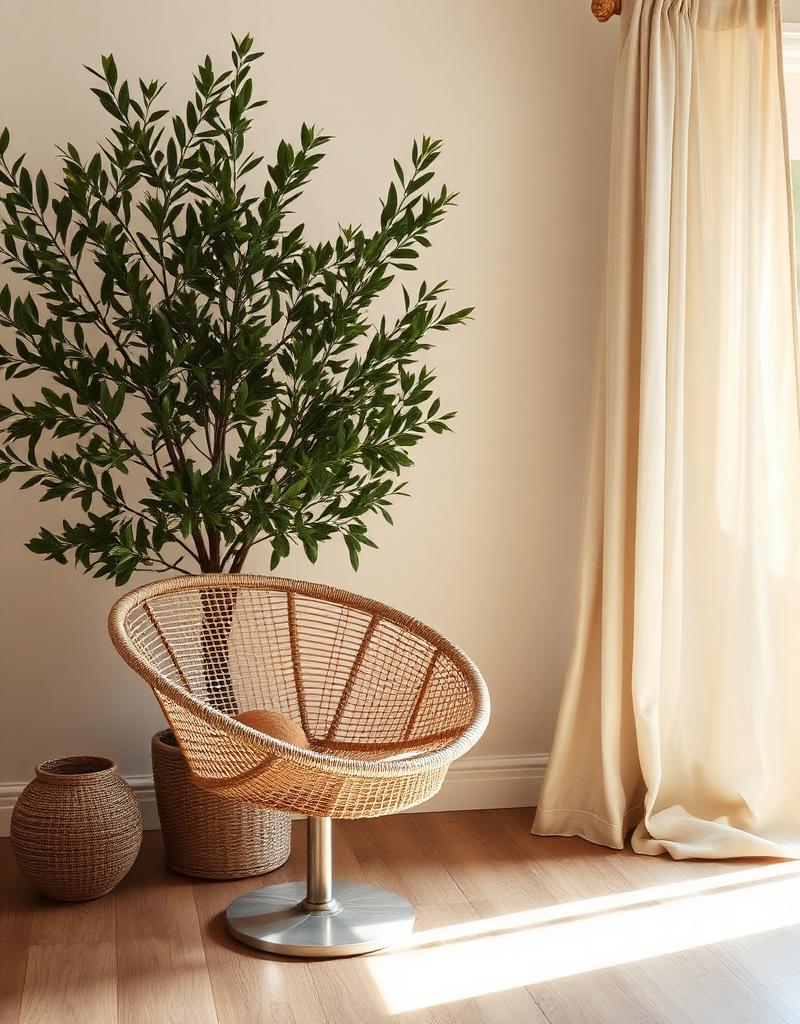 A softly lit corner with a woven chair and a potted olive tree