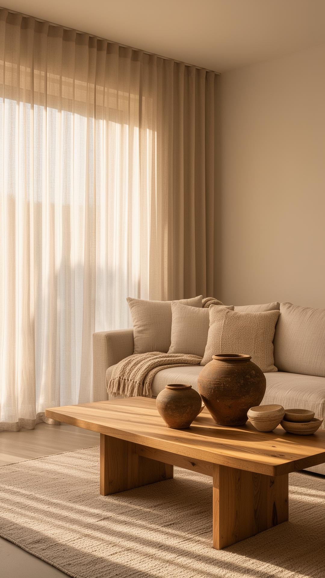 Sun-drenched living room with a linen sofa, oak coffee table, and vintage clay pots