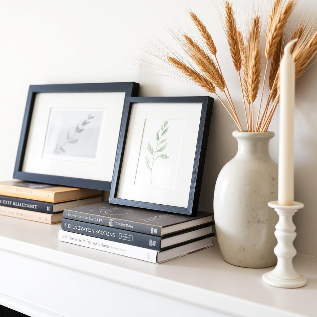 Mantelpiece styling with framed botanical prints, books, and a ceramic vase of dried wheat