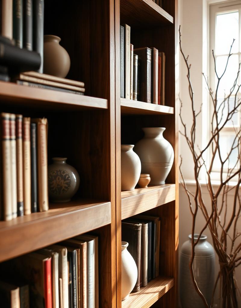 Curated bookshelves with vintage books and stoneware